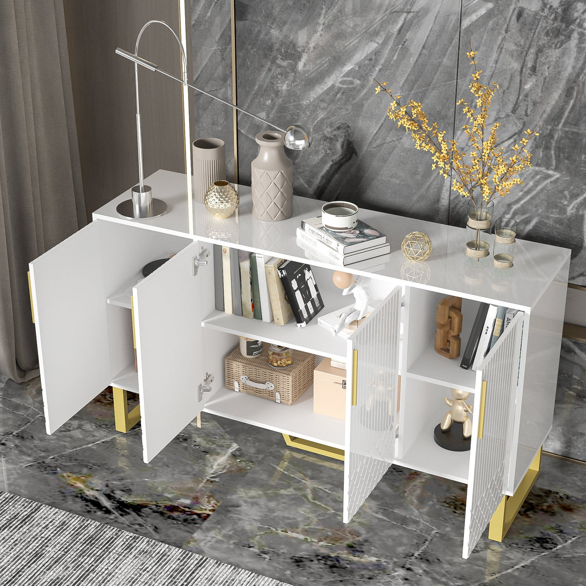 High-gloss Sideboard, 4 Doors, Metal Handles & Legs, White
