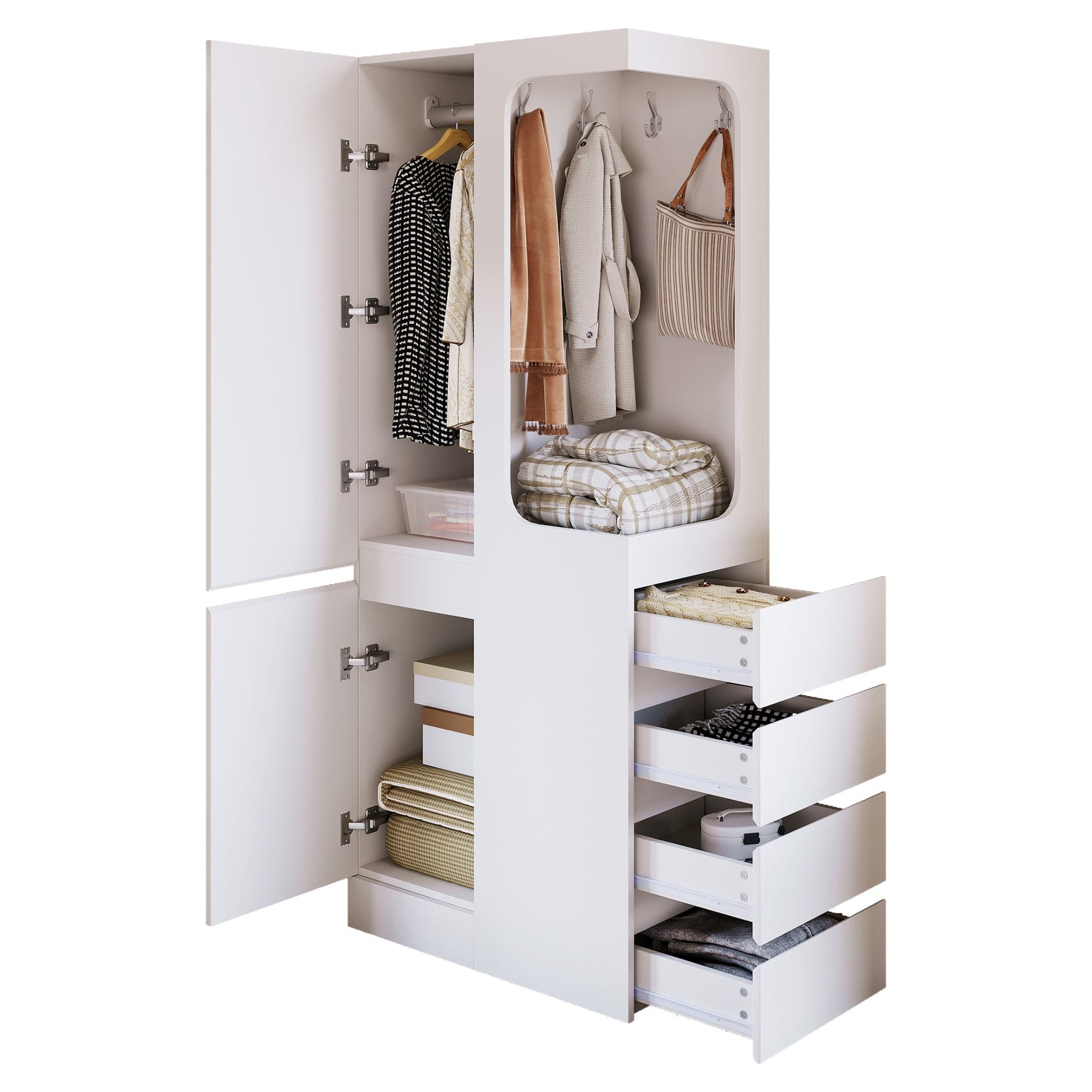 Wardrobe with Drawers and Open Storage, 70x40x170cm, White