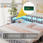 Upholstered Extendable Sofa Bed with LED Lighting, USB Port and Striped Pattern, 90x200cm, Light Grey Velvet