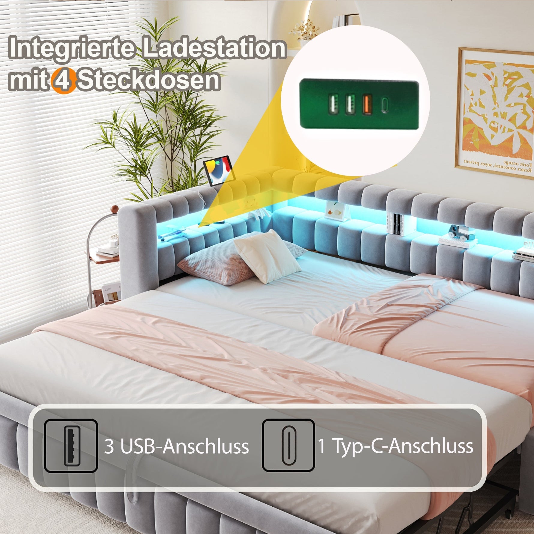 Upholstered Extendable Sofa Bed with LED Lighting, USB Port and Striped Pattern, 90x200cm, Light Grey Velvet