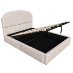 Upholstered Double Bed 140x200 with Hydraulic Storage and Wide Headboard, Beige Striped Plush