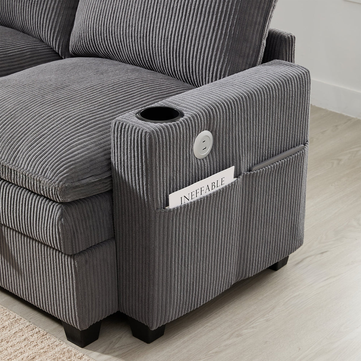 Modern L-shaped Sofa Modular Storage USB Footstool Gray Corduroy