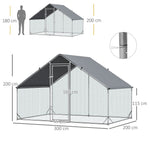 Chicken Coop Free-Range Enclosure, 300 x 200 x 200 cm, 4-6 Chickens, Steel, Silver