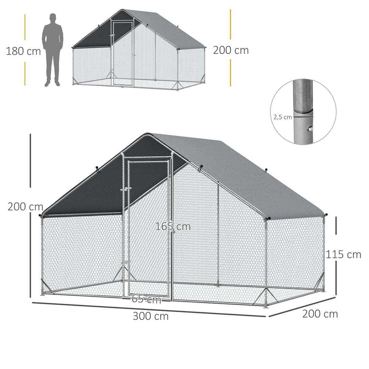 Chicken Coop Free-Range Enclosure, 300 x 200 x 200 cm, 4-6 Chickens, Steel, Silver
