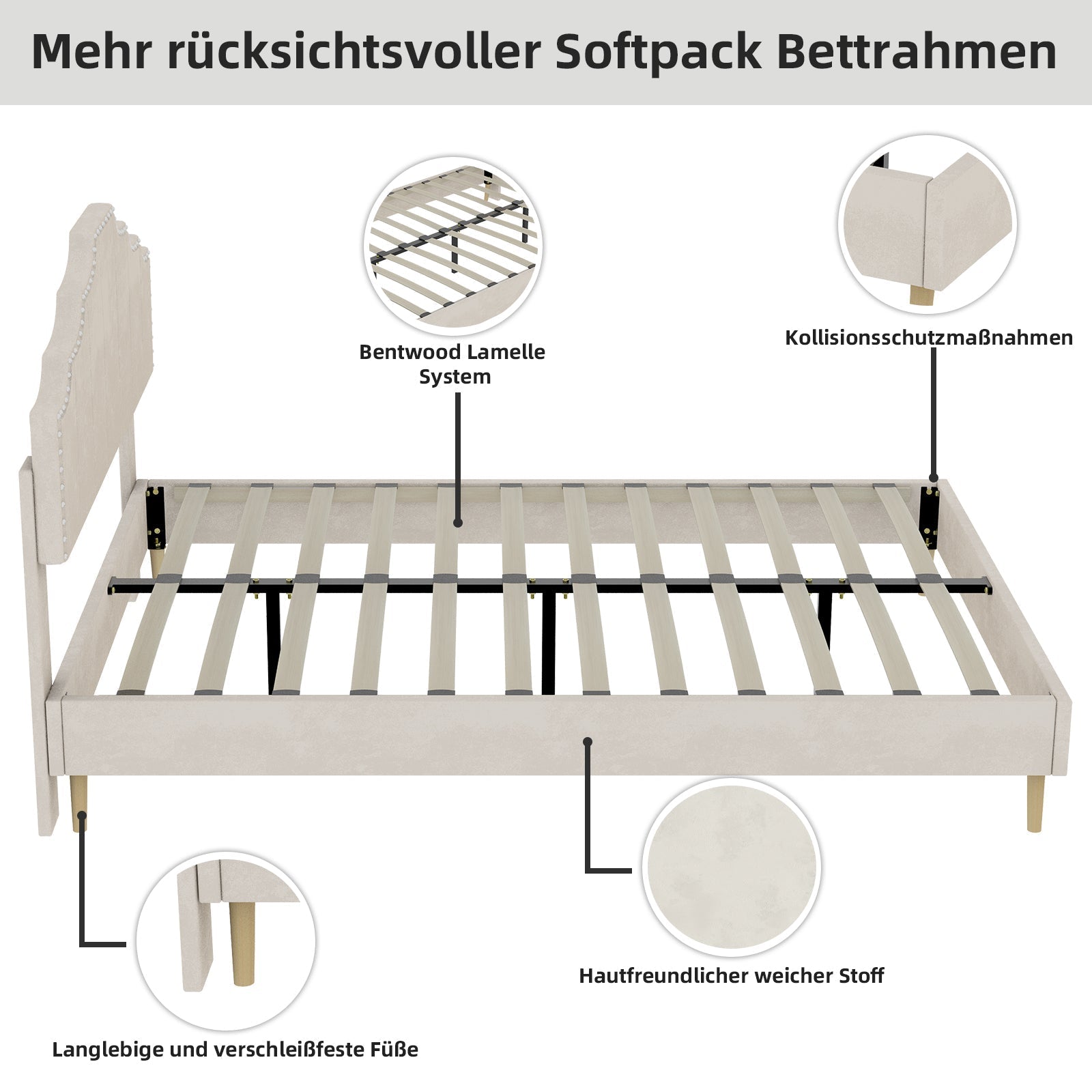 Modern Soft Bed 160x200cm Comfortable Headboard - Beige