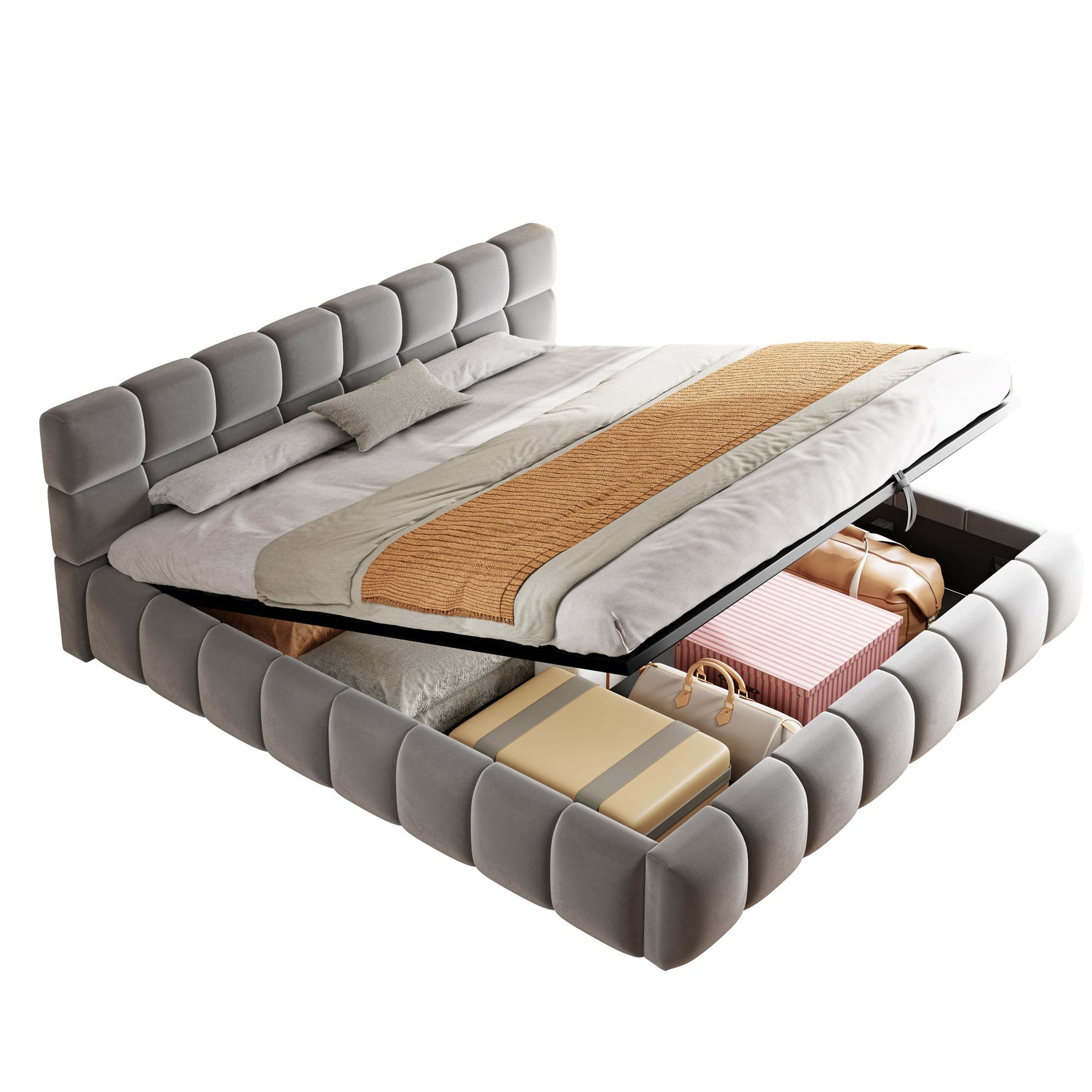 Upholstered Double Bed with Light Strip and Hydraulic Storage, 180x200cm, Grey Velvet