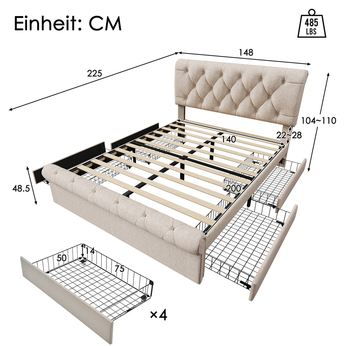 Double Upholstered Bed 140x200cm 4 Drawers Adjustable Headboard With Mattress - Natural