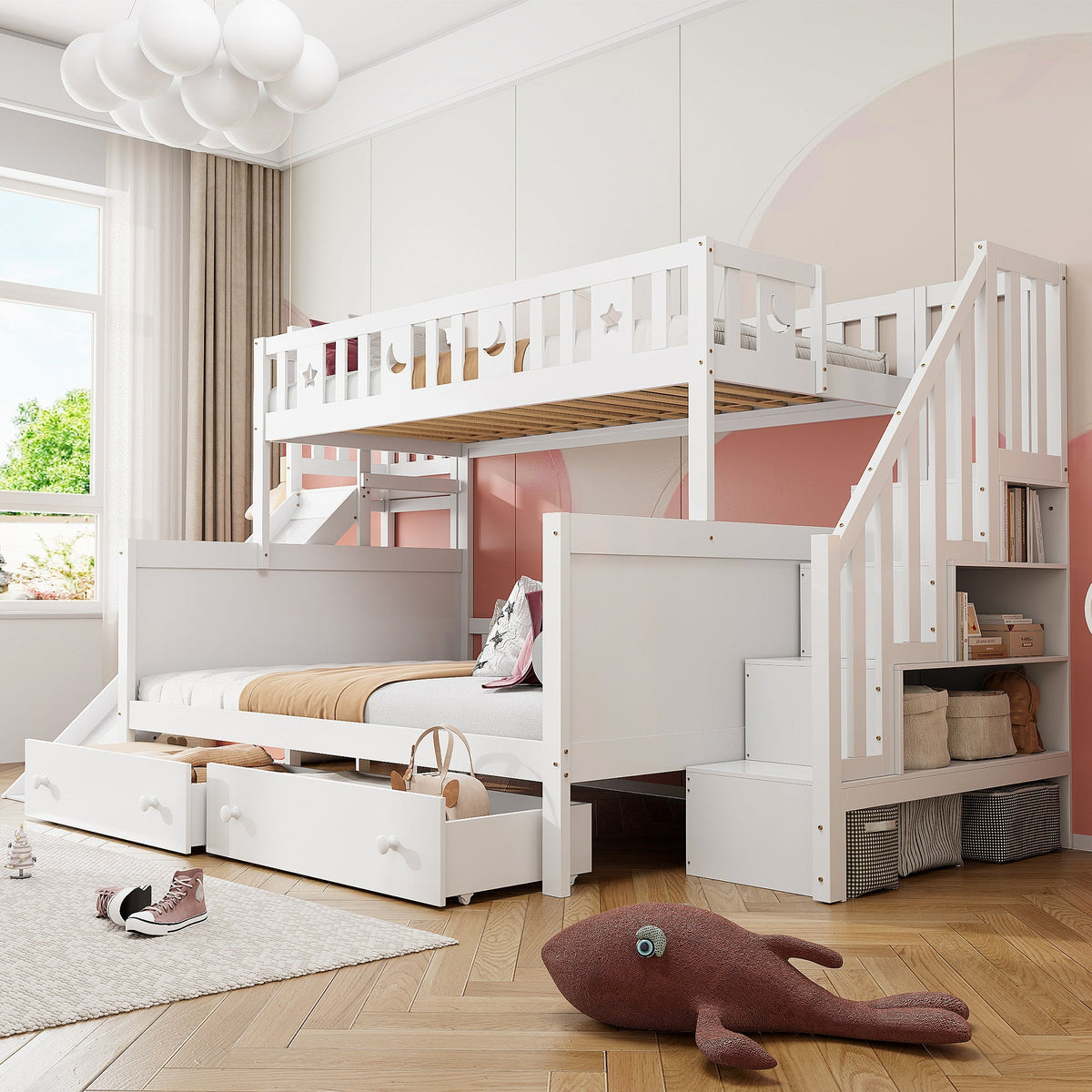 Children's Bed Bunk with Slide, Shelf, Drawers, White