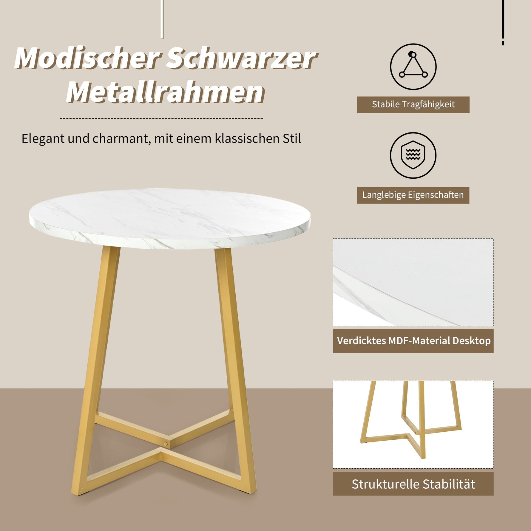 Round Dining Table Unique Metal Frame Marble Pattern White/Gold