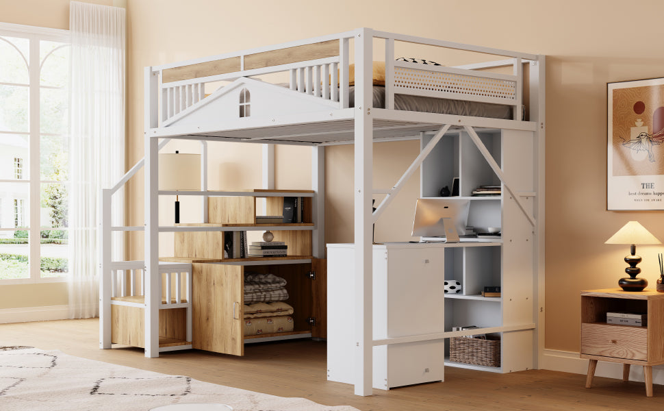 Metal Loft Bed 140x200cm Safety Enclosure with Window & Ladder Locker, White