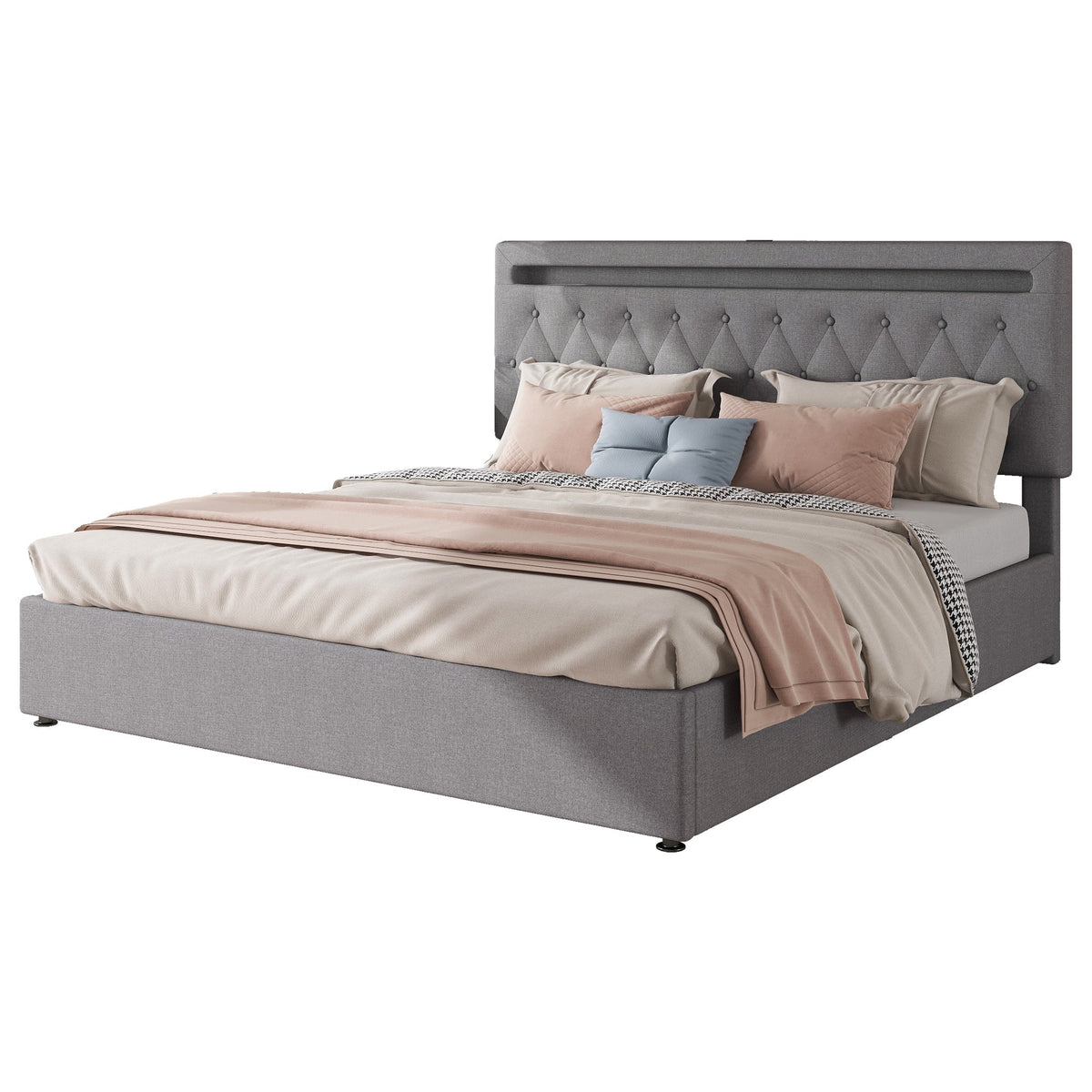 Upholstered Bed 180x200cm Hydraulic Lift Ambient Light USB - Grey