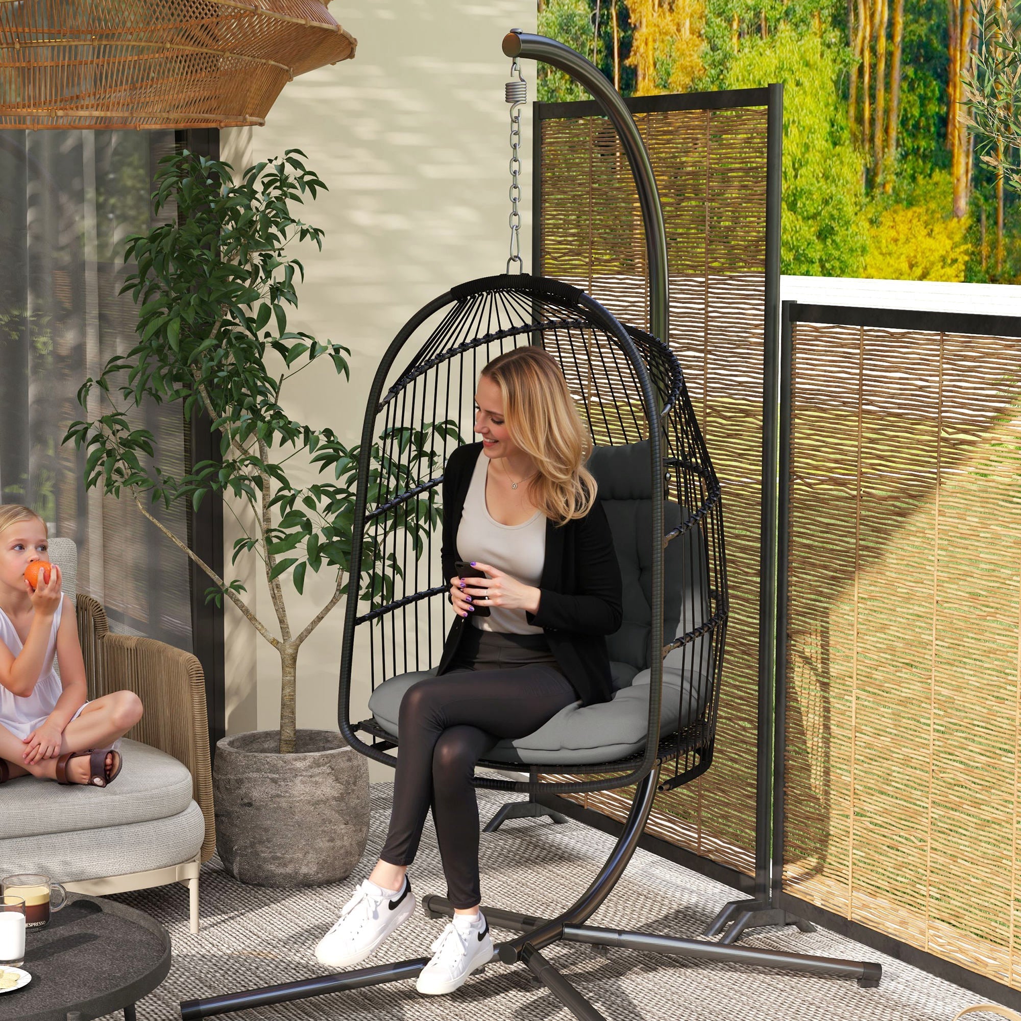 Hanging Chair, Foldable Polyrattan Swing, 150kg Capacity, Dark Gray