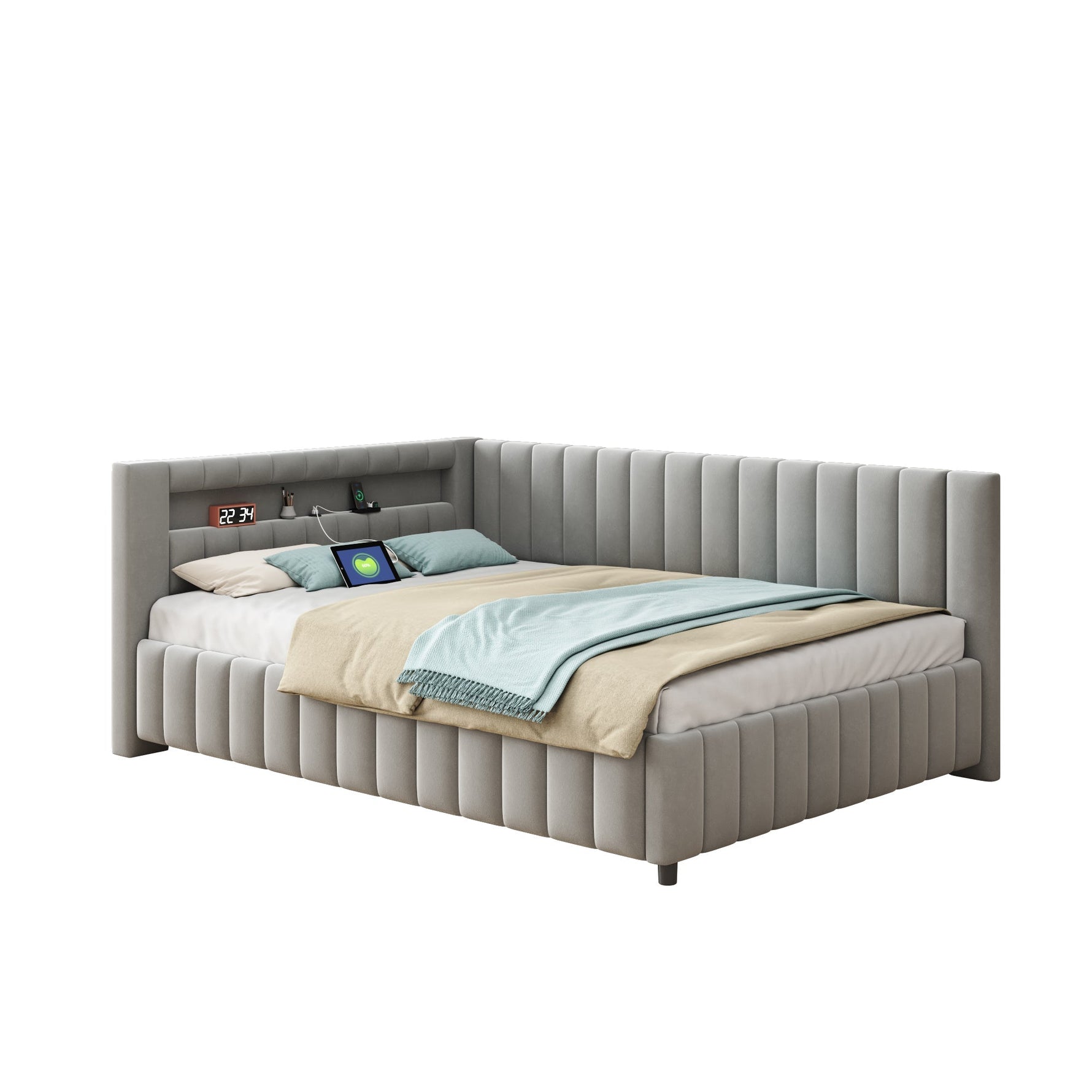 Sofa bed 140x200, LED light USB port, velvet grey
