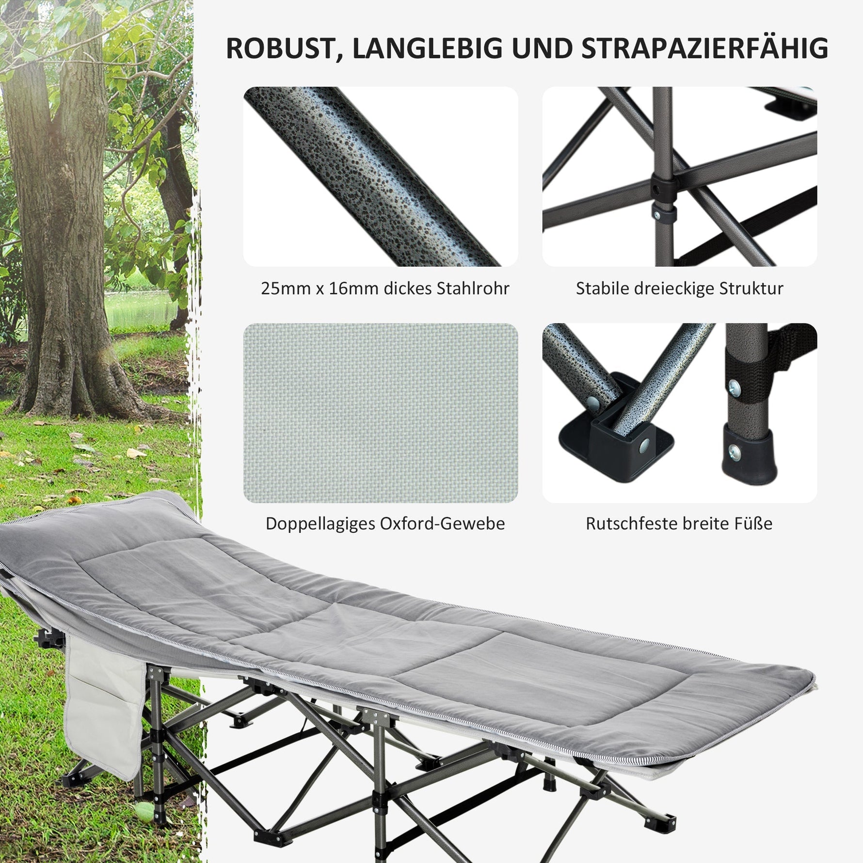 Camping Bed Folding with Pillow, Side Pocket, 150kg, Light Grey