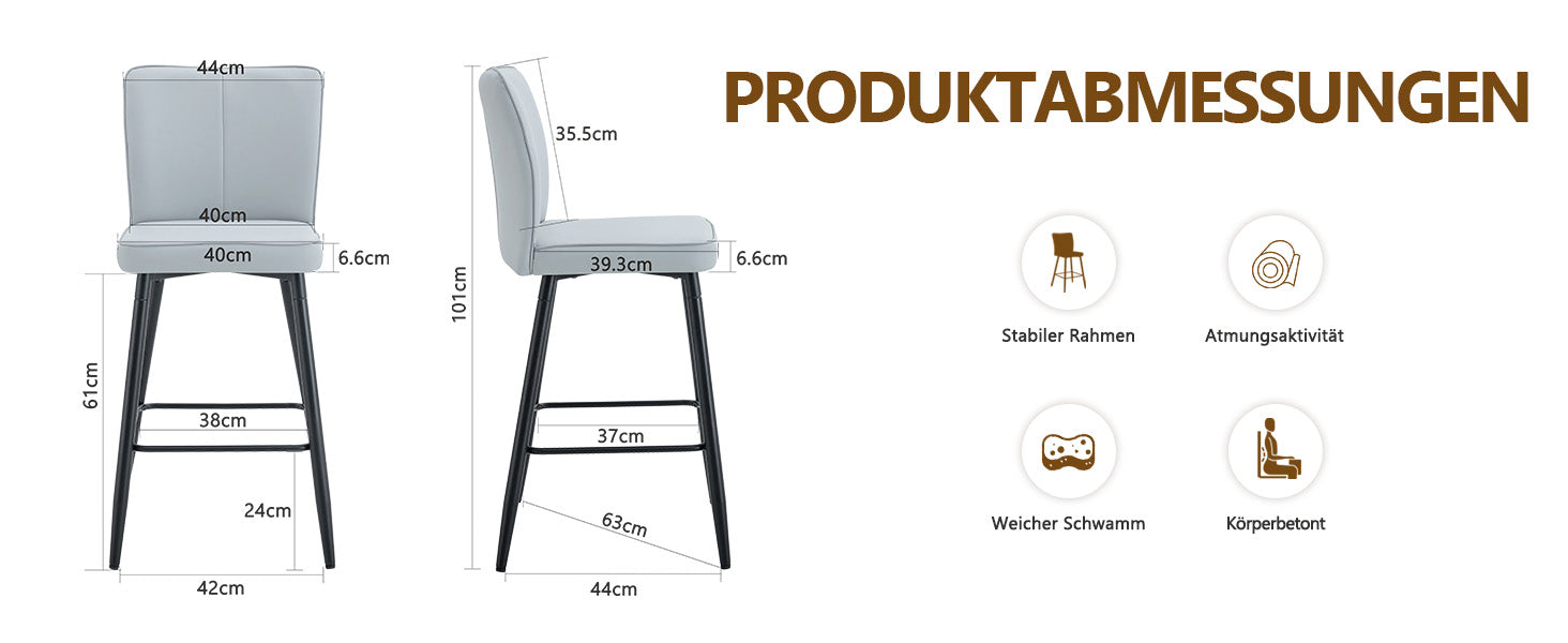 Bar Chair Set 2-Piece 101cm High Ergonomic Backrest - Light Grey PU