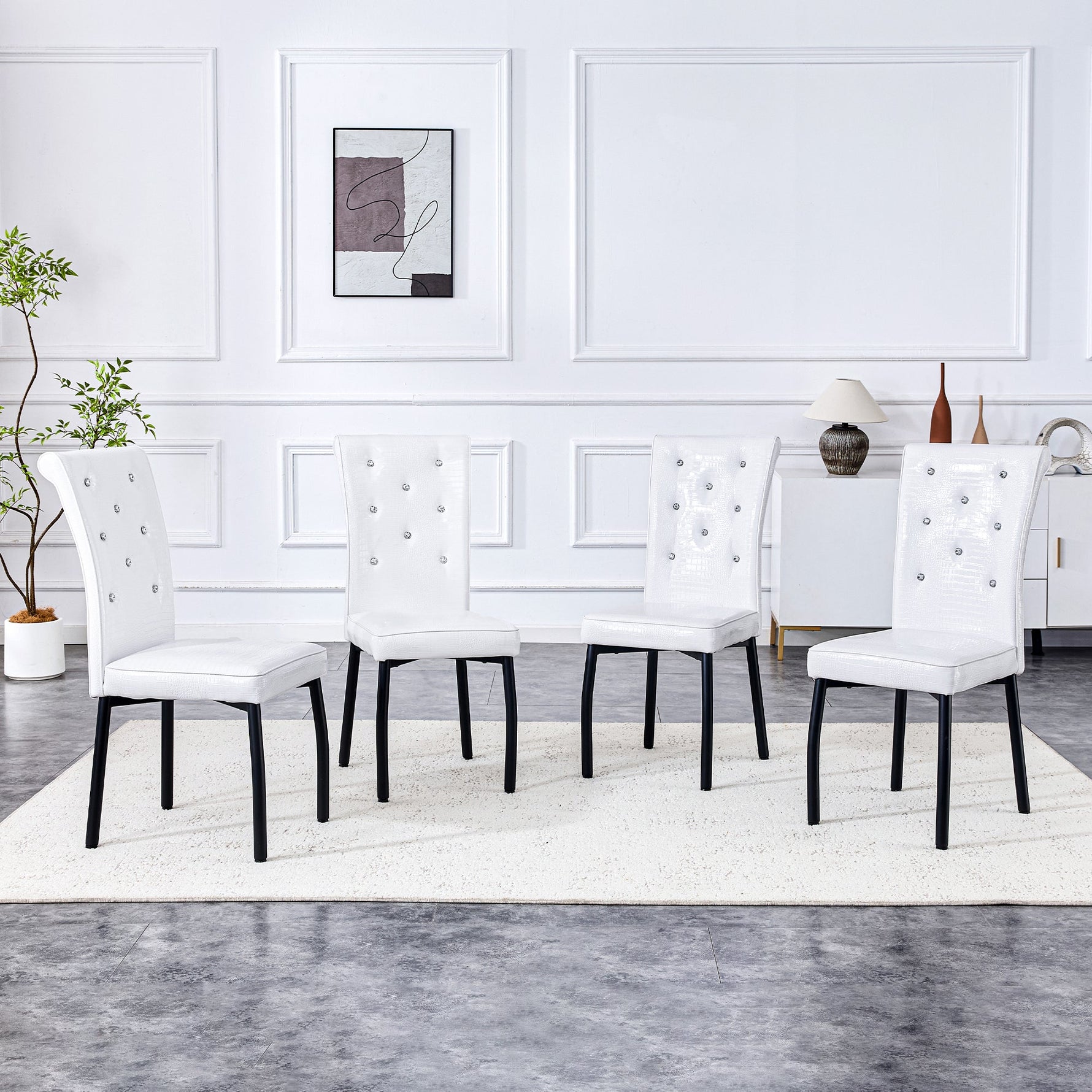 Set of 2 Dining Seats Soft Retro Crocodile Pattern Crystal Clasps White and Black Faux Leather