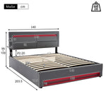 Upholstered Bed 140x200cm USB Charging LED Light Storage PU Lychee Grey