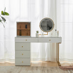 Dressing table set with LED-illuminated mirror, transparent tempered glass tabletop, side cabinet, white