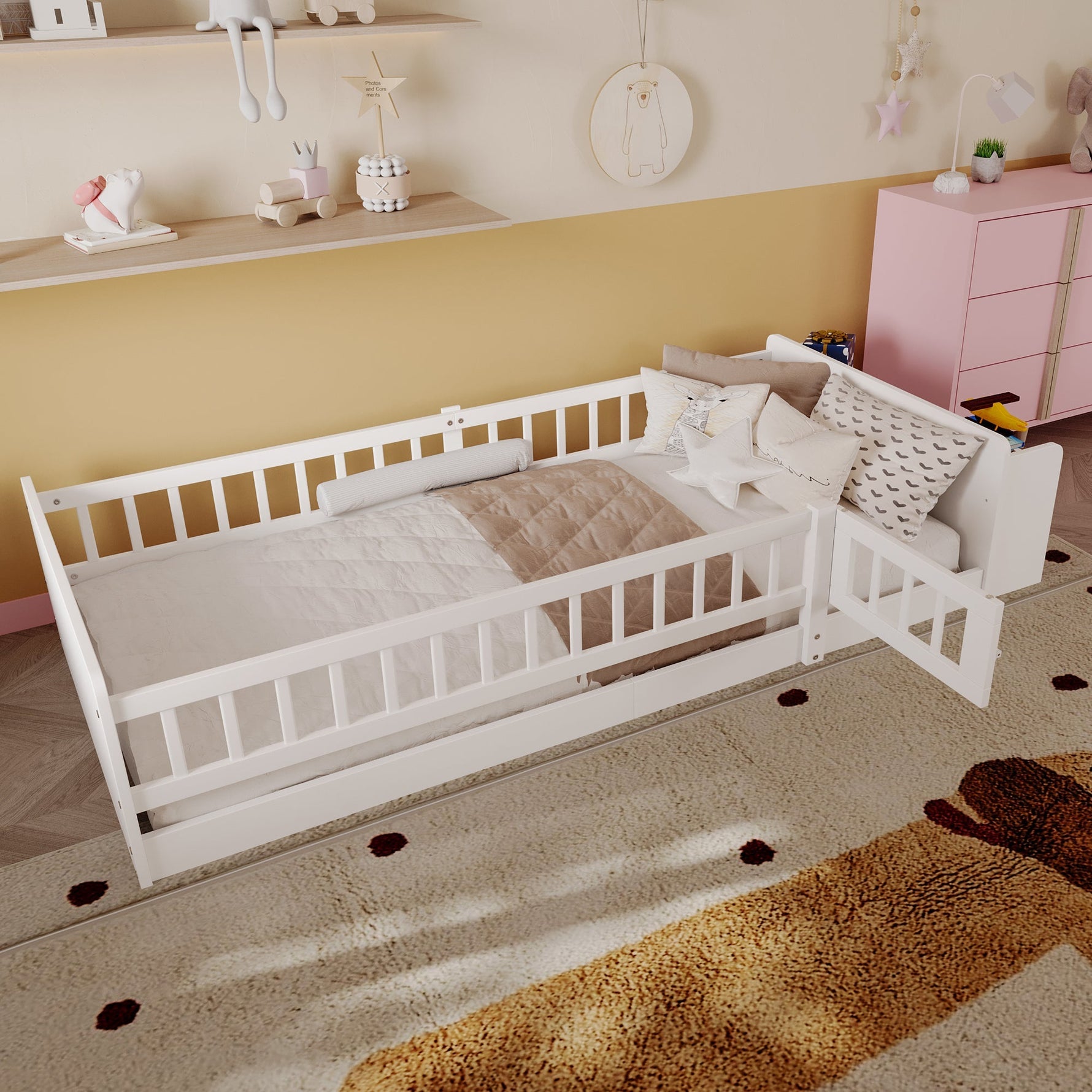 Wooden Children's Bed 90x200cm Open Storage Shelves and Case White Pine Wood