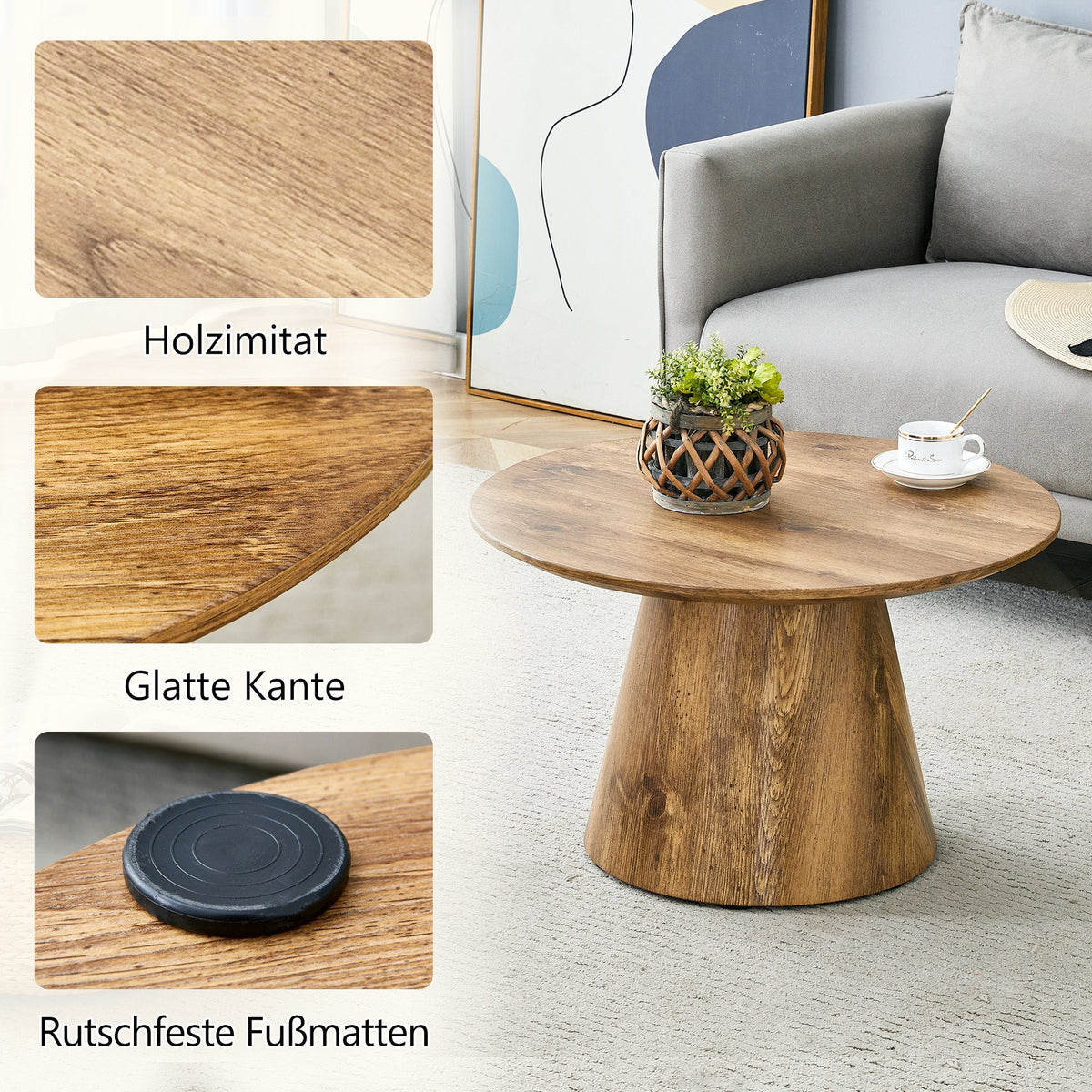 Round Coffee Table 60cm Diameter Side Table - Natural Wood Look (MDF)