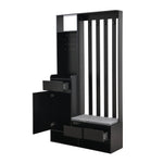 Hallway coat rack with padded storage bench and pegboard, 4 hooks, black