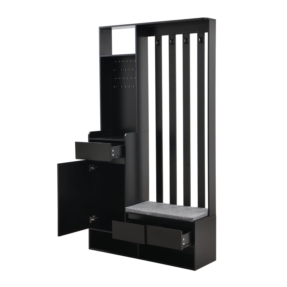 Hallway coat rack with padded storage bench and pegboard, 4 hooks, black