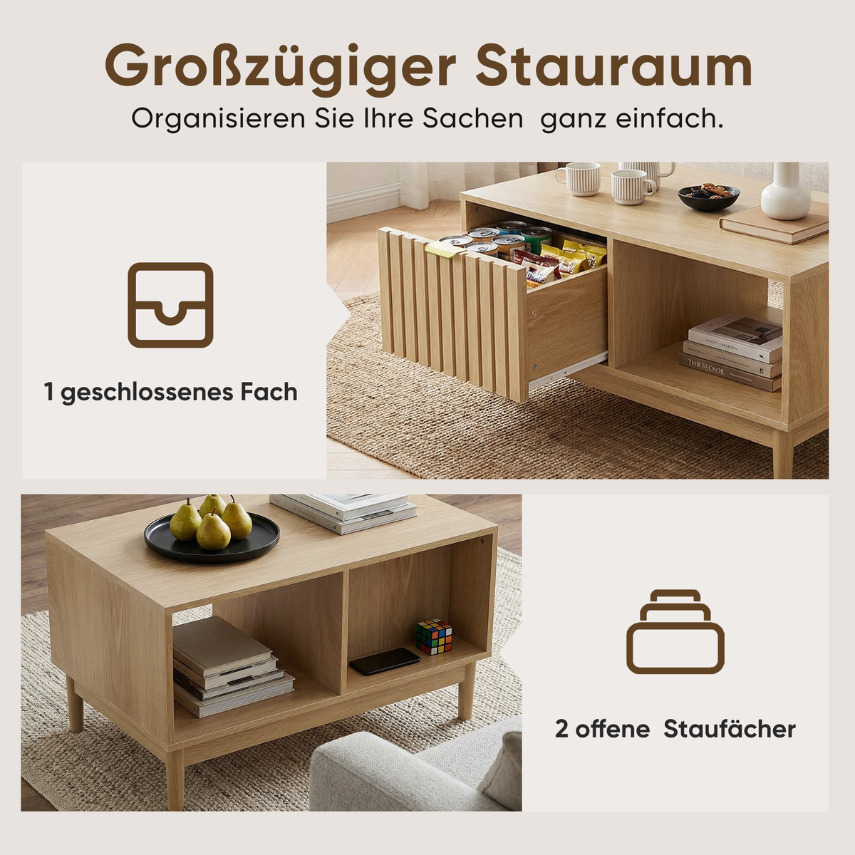 Mid-Century Modern Coffee Table with Drawer and Open Shelves, 80cm, Oak Color