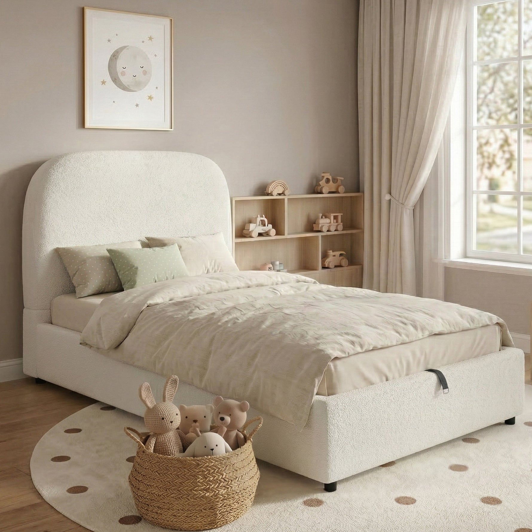 Upholstered Bed, 90x200cm Single Children's Bed with Hydraulic Storage and Slatted Base, Beige Bouclé