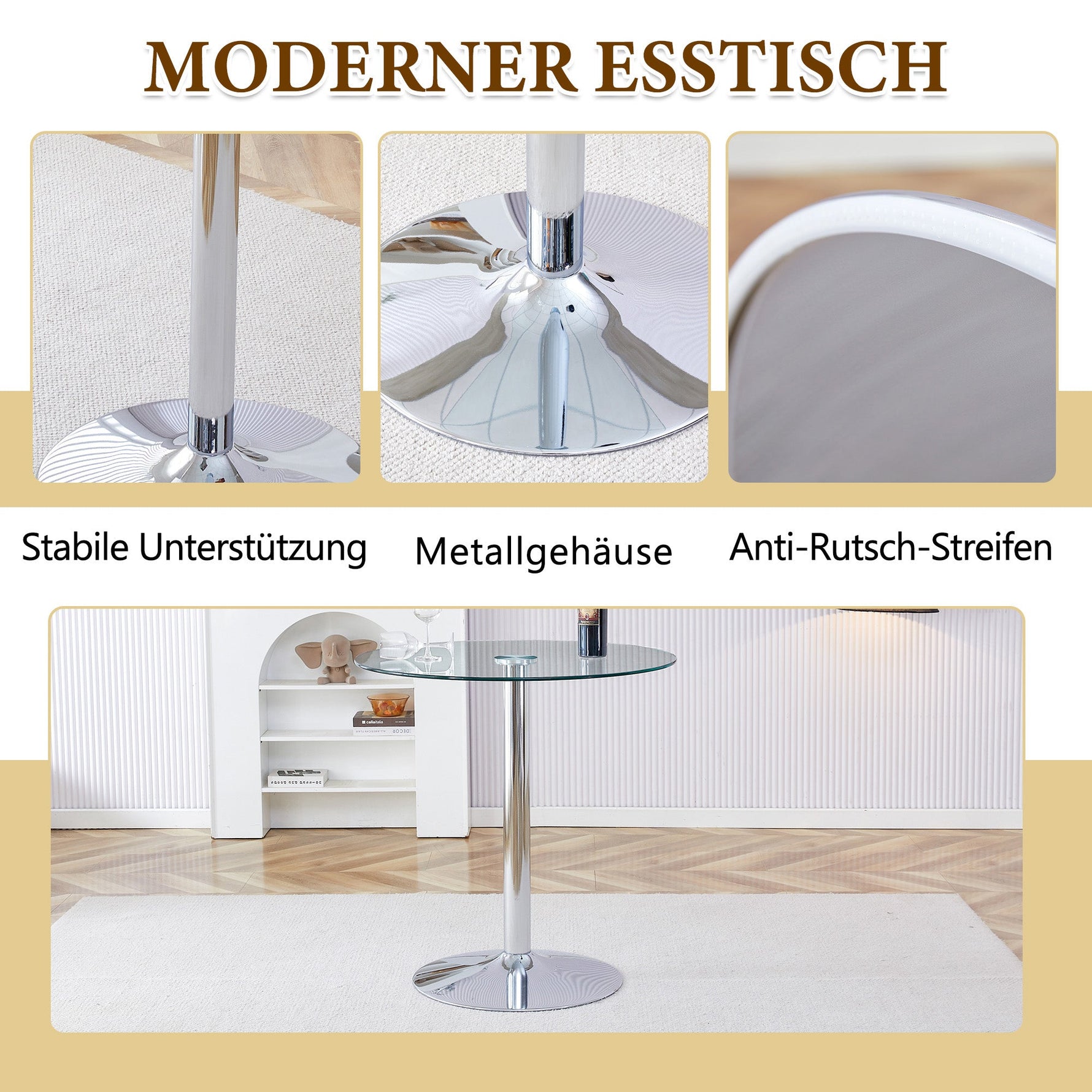 Flexible Bar Set Round Glass Table 89cm 2 Stools - Glass/Silver Legs