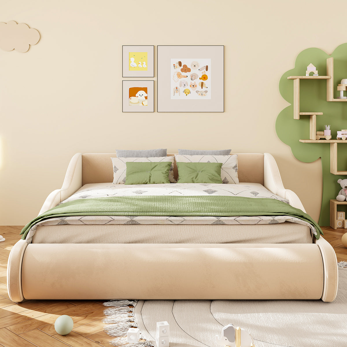 Upholstered Kids Bed 140x200 with Mattress & Rails in Beige Velvet