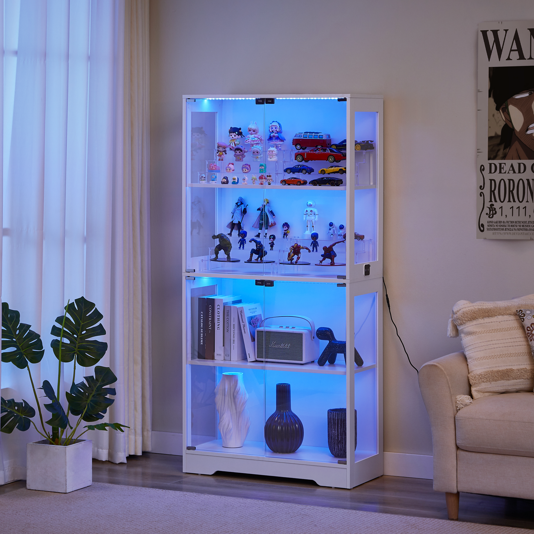 Four-tier Glass Display Case with Storage, LED, Smart Sensors, Dustproof - White