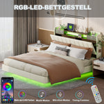 Upholstered Bed, 160*200 LED, USB, Storage, Floating, Linen Fabric, Beige