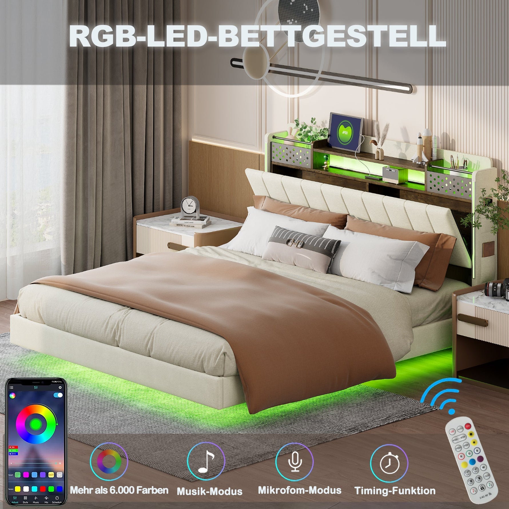 Upholstered Bed, 160*200 LED, USB, Storage, Floating, Linen Fabric, Beige