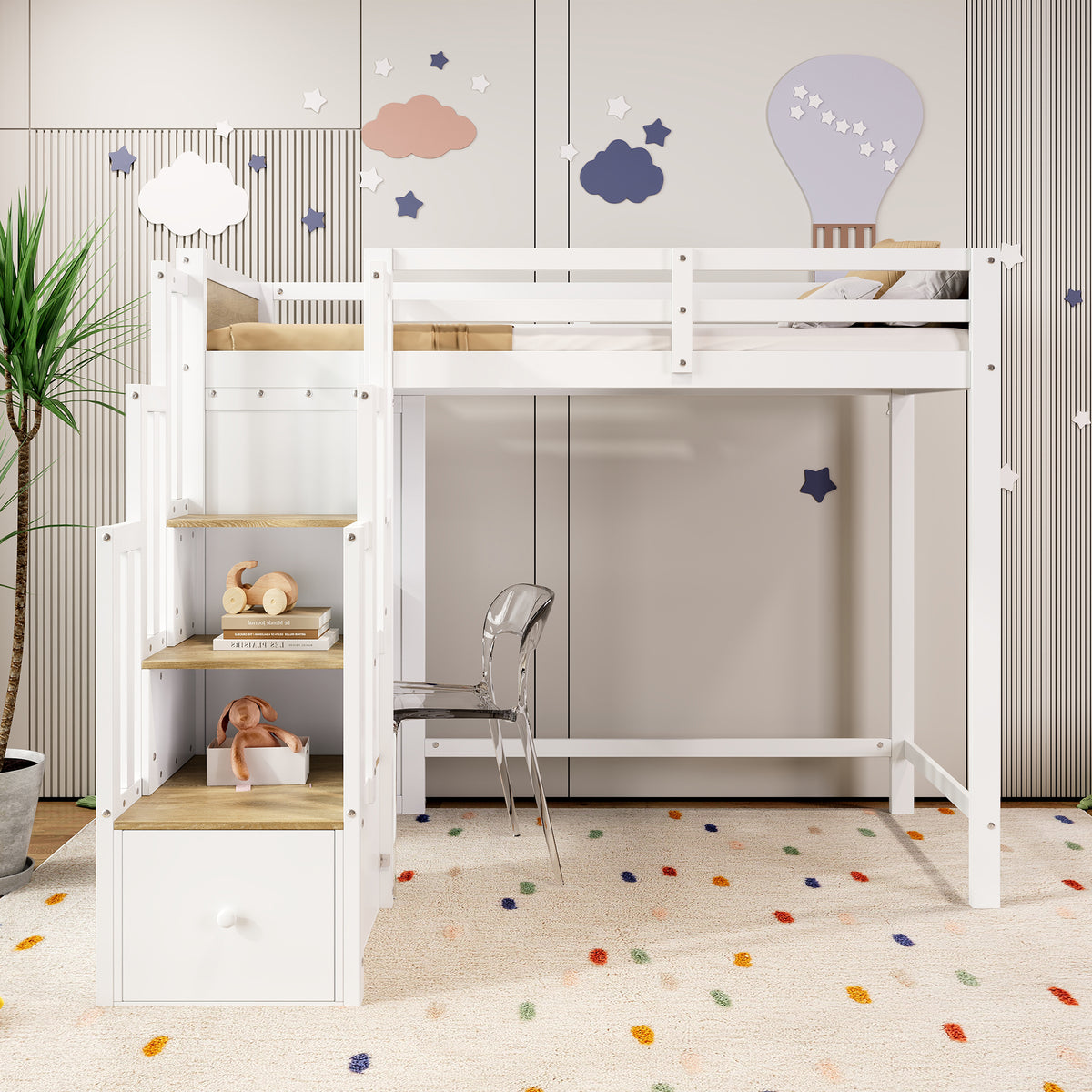 Wooden Mid-Sleeper Bed 90x200cm with Desk & Drawers, White & Natural
