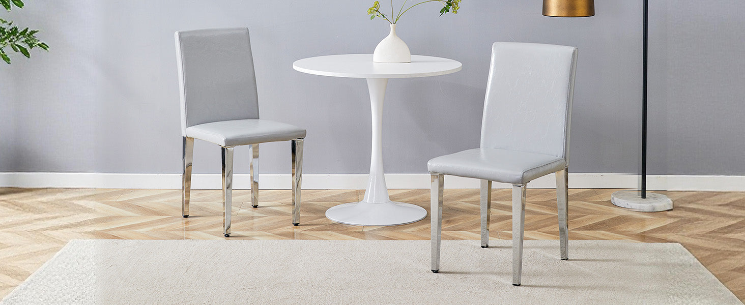 Minimalist Dining Chairs Set of 2, Ergonomic PU Leather with Metal Legs, Grey and Silver