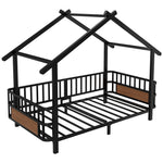 Children's House Bed 90x200cm with Safety Rail & Roof, Black Metal