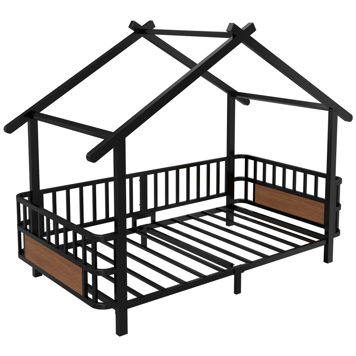 Children's House Bed 90x200cm with Safety Rail & Roof, Black Metal