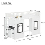 House Bunk Bed 90x200cm, Stairs Railing Window Storage, Pine+MDF White