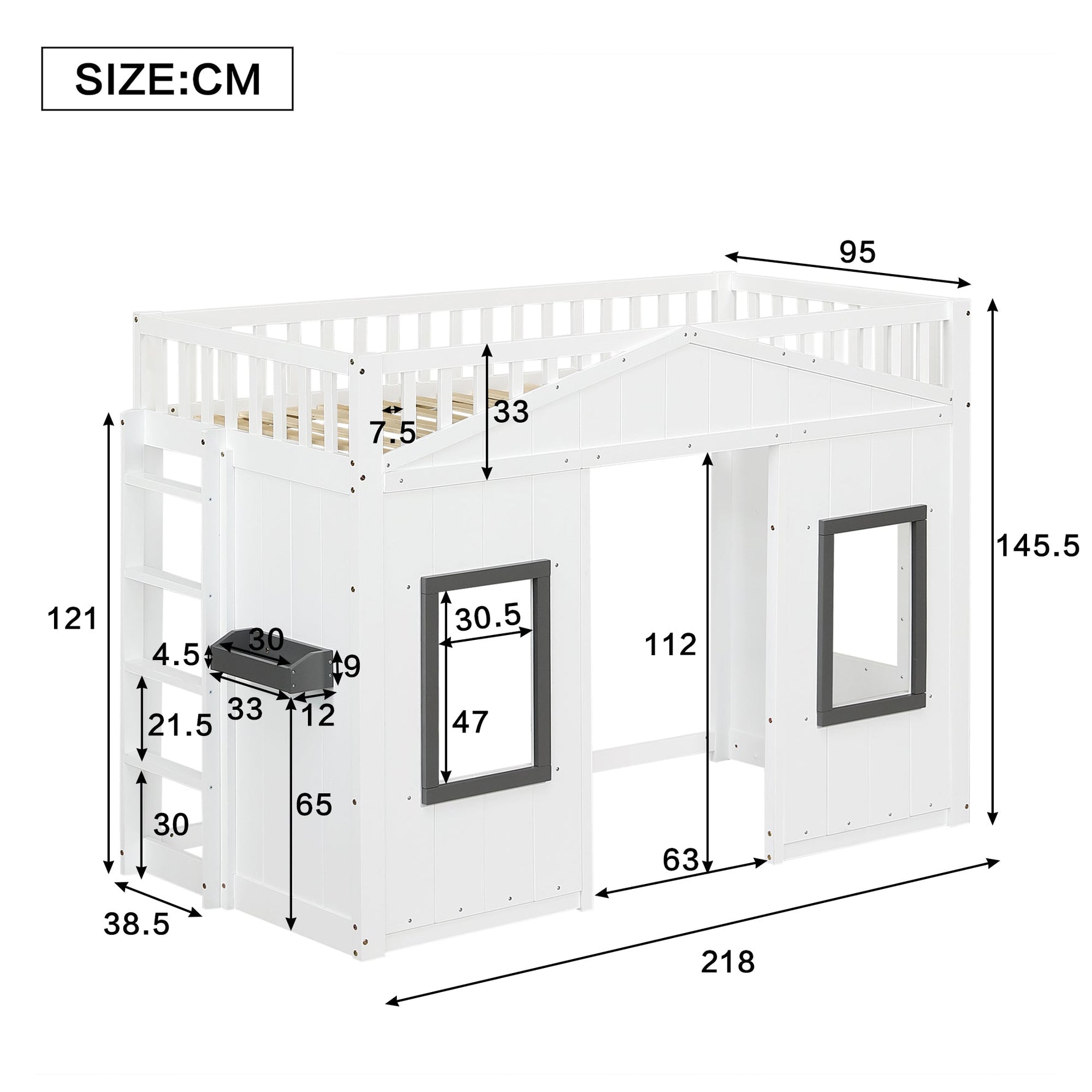 House Bunk Bed 90x200cm, Stairs Railing Window Storage, Pine+MDF White