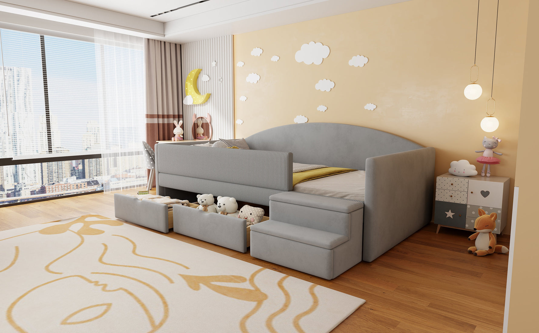 Multifunctional Upholstered Sofa Bed with Two Drawers, Railings and Steps, 90x190cm, Light Grey Velvet