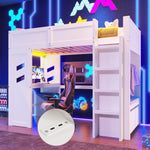 Loft Bed 90x200cm Gaming Bed Desk LED USB/Type-C Drawer Clothes Rack White