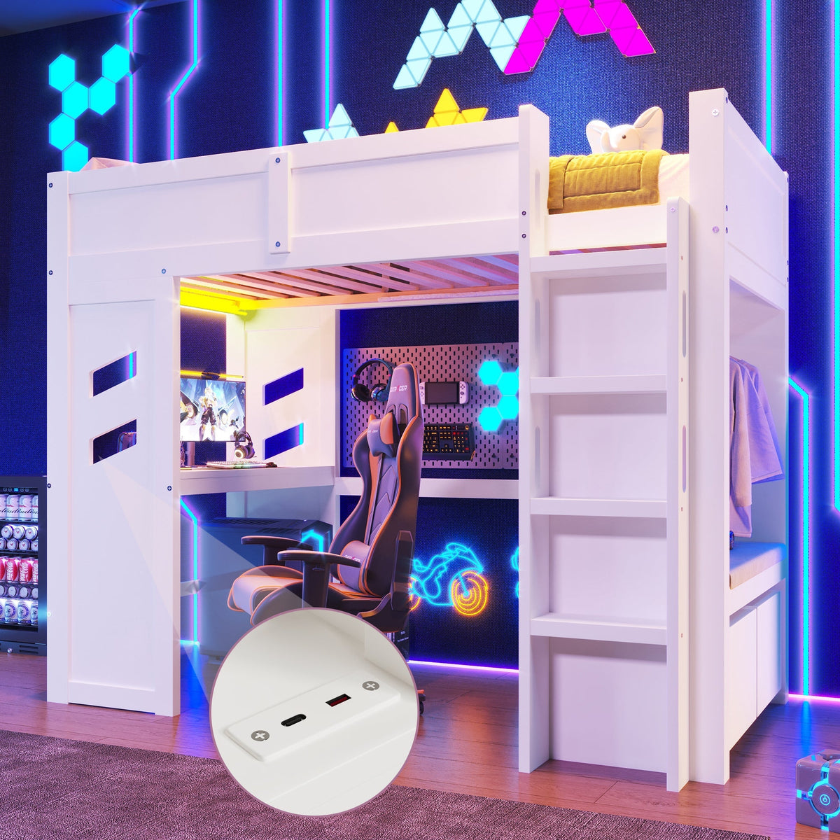 Loft Bed 90x200cm Gaming Bed Desk LED USB/Type-C Drawer Clothes Rack White