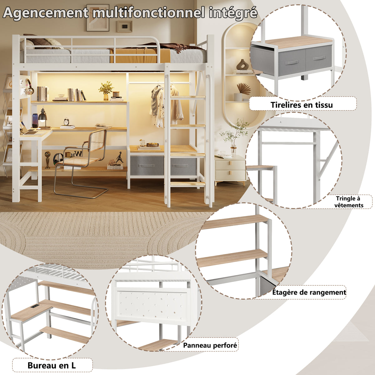 Loft Bed 90x200cm with Desk, Shelves & LED, White Iron Frame