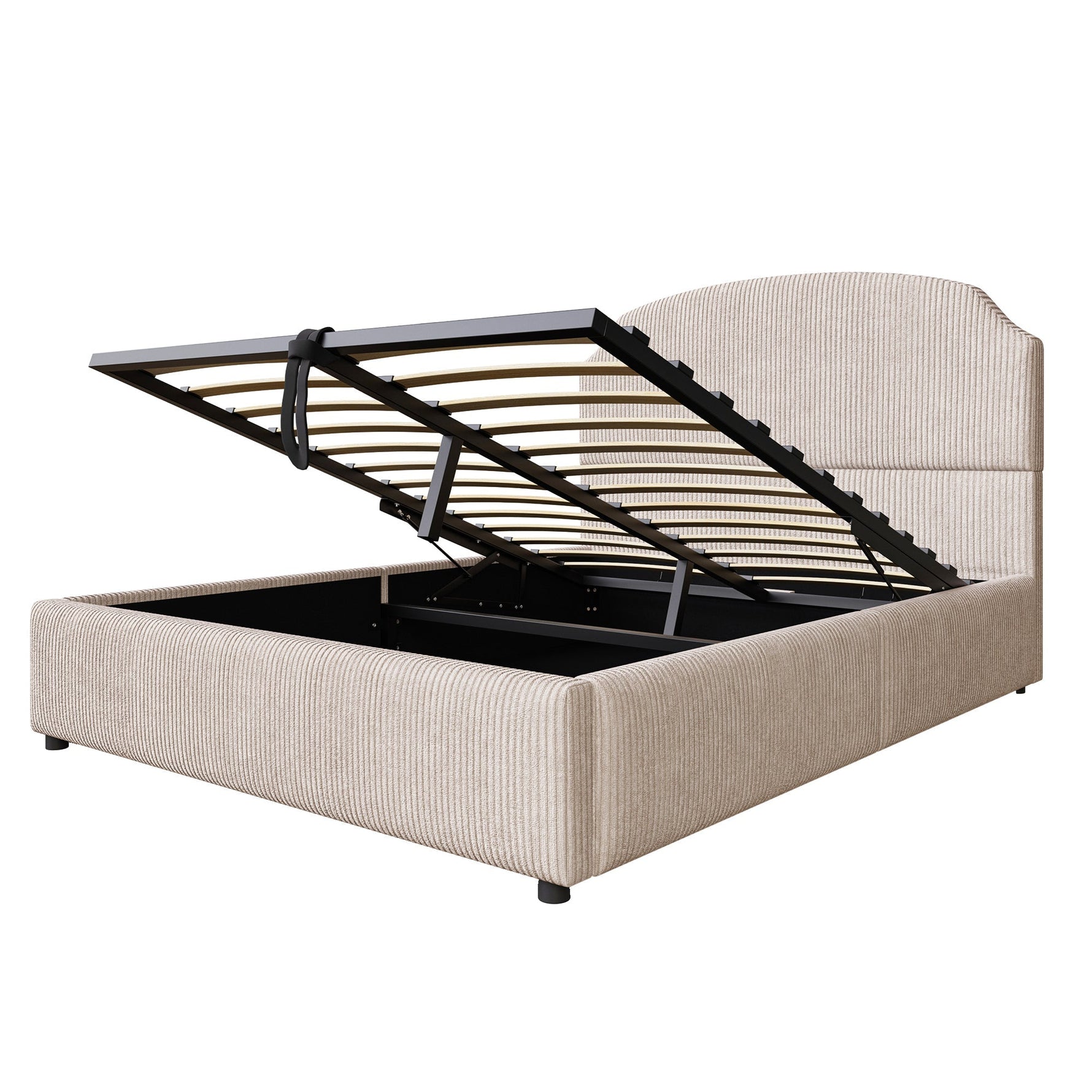 Upholstered Double Bed 140x200 with Hydraulic Storage and Wide Headboard, Beige Striped Plush