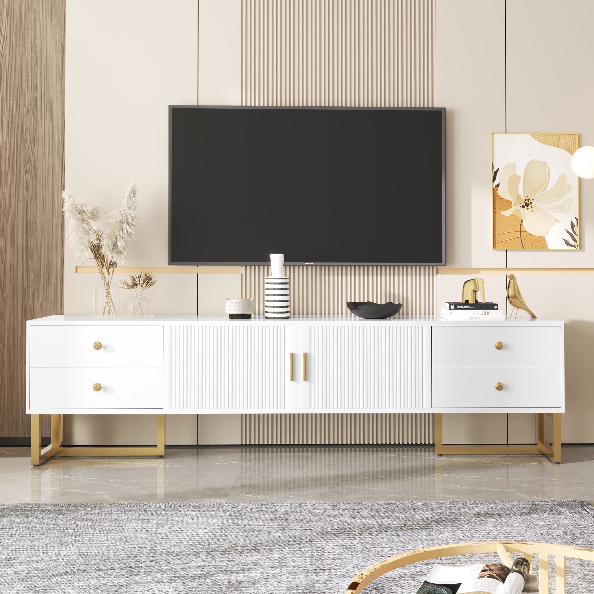 TV Cabinet, Low Panel with Textured Door & Drawers, Gold Handles & Feet