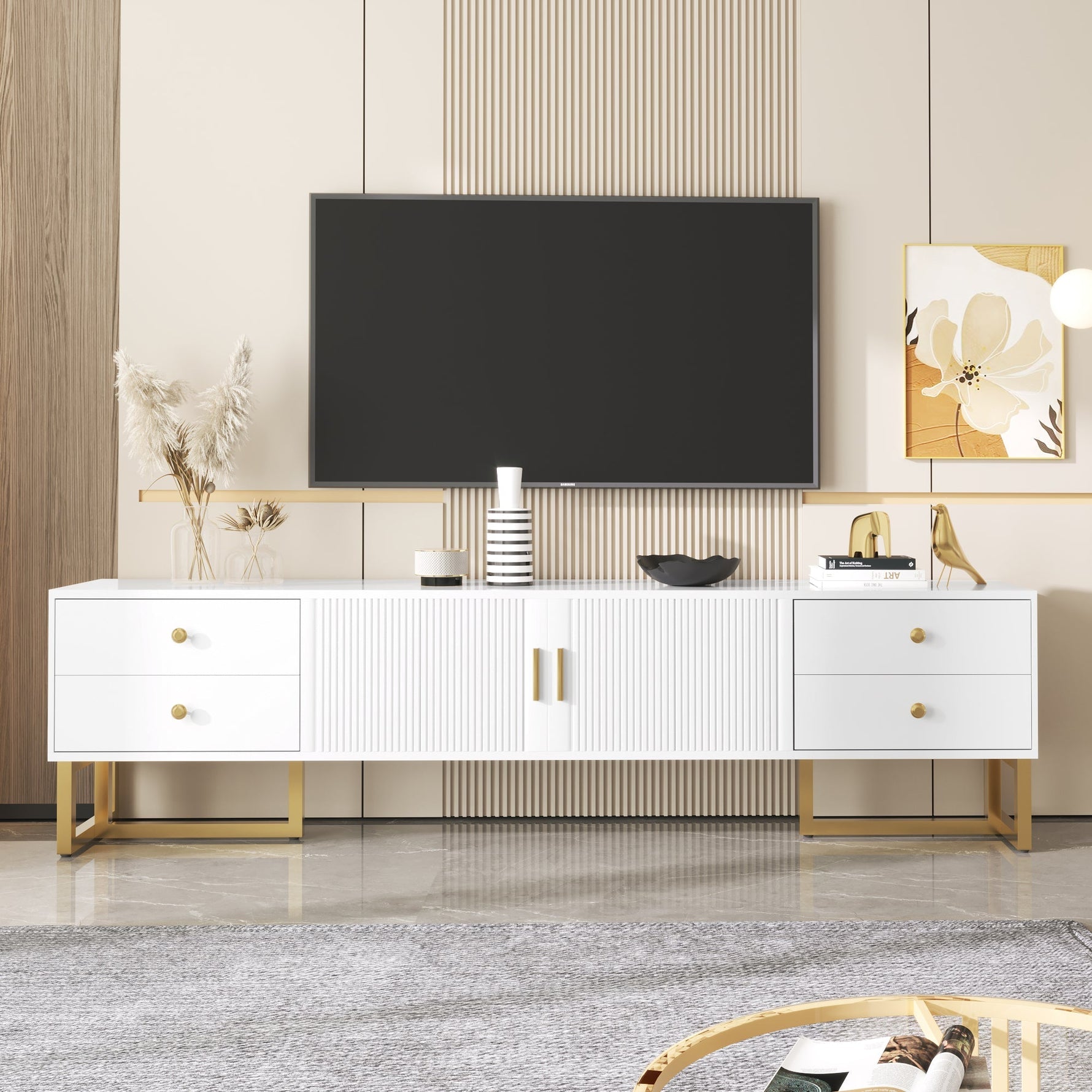 TV Cabinet, Low Panel with Textured Door & Drawers, Gold Handles & Feet