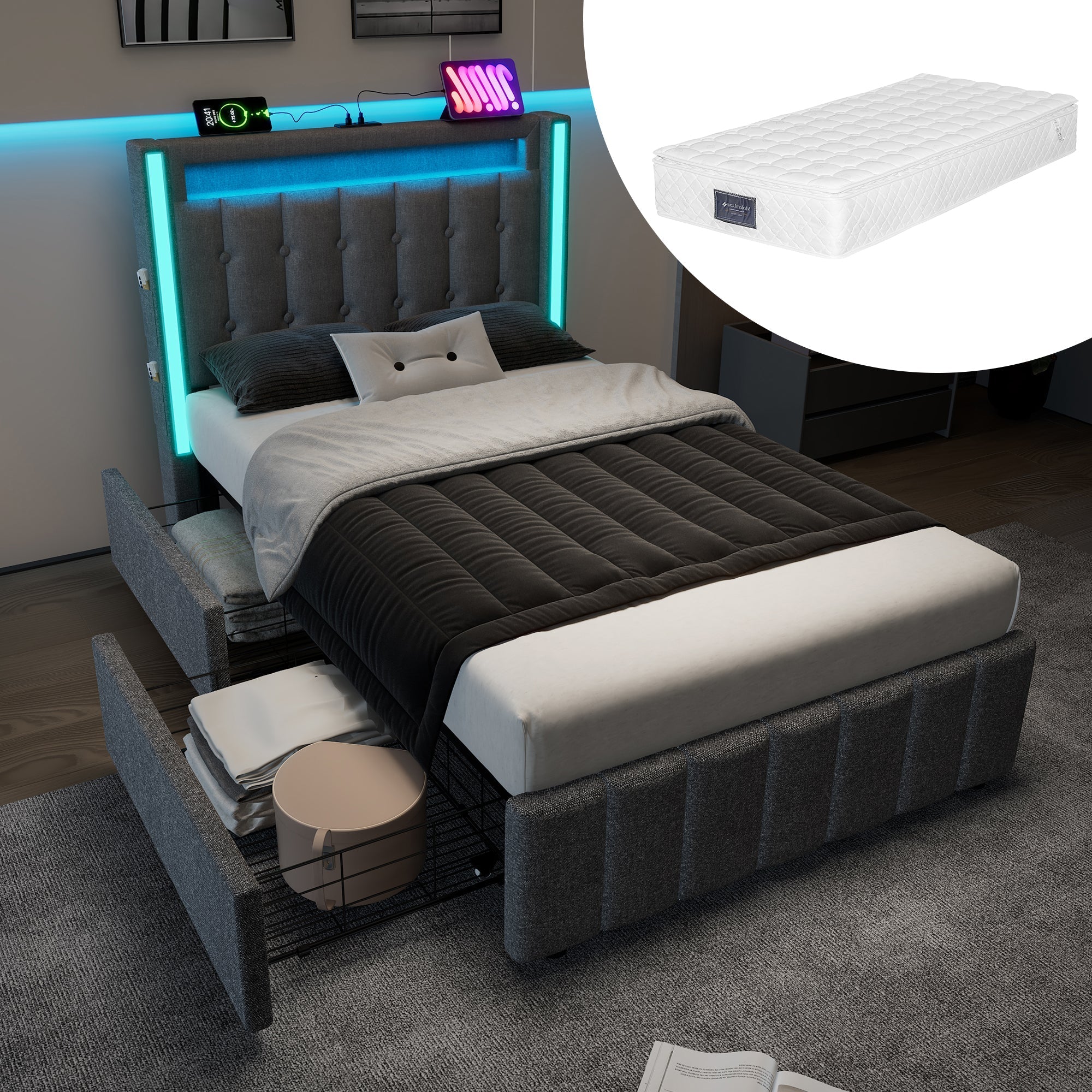Upholstered Bed, USB-C, LED, 2 Drawers, Grey Fabric