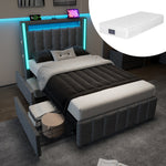 Upholstered Bed, USB-C, LED, 2 Drawers, Grey Fabric
