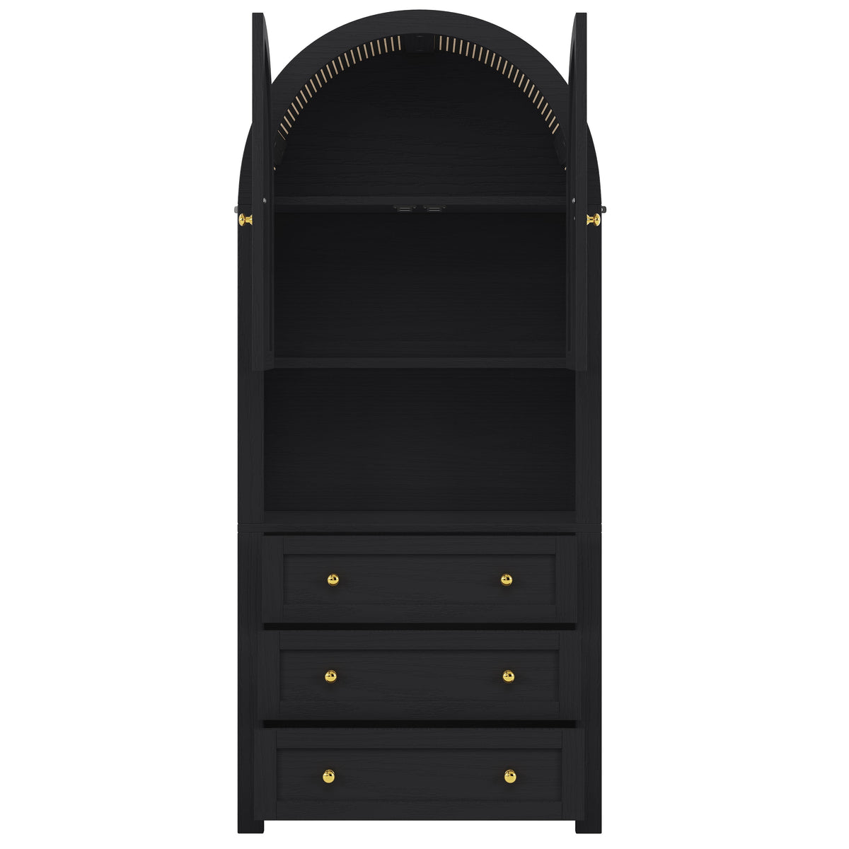 Tall Arched Storage Cabinet with Drawers, Doors & Open Display Area - Black