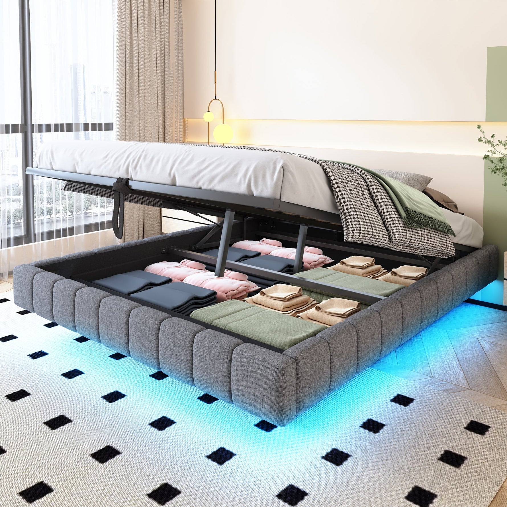 Upholstered Bed 160x200cm Hydraulic Storage LED Floating Frame, Linen Grey
